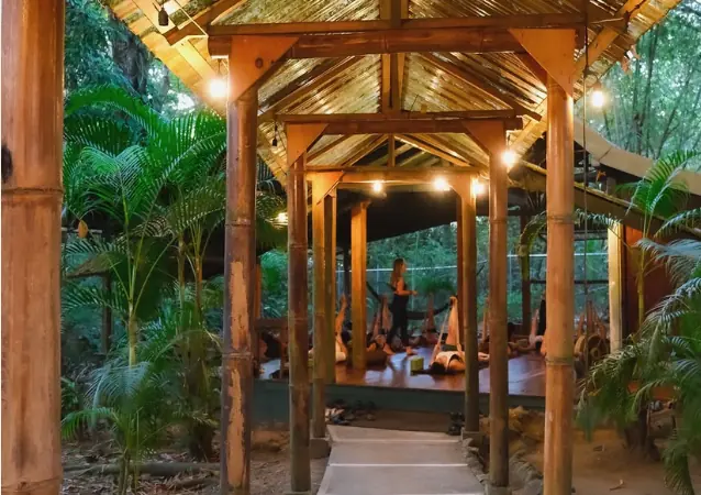 The jungle shala lit up for evening practice